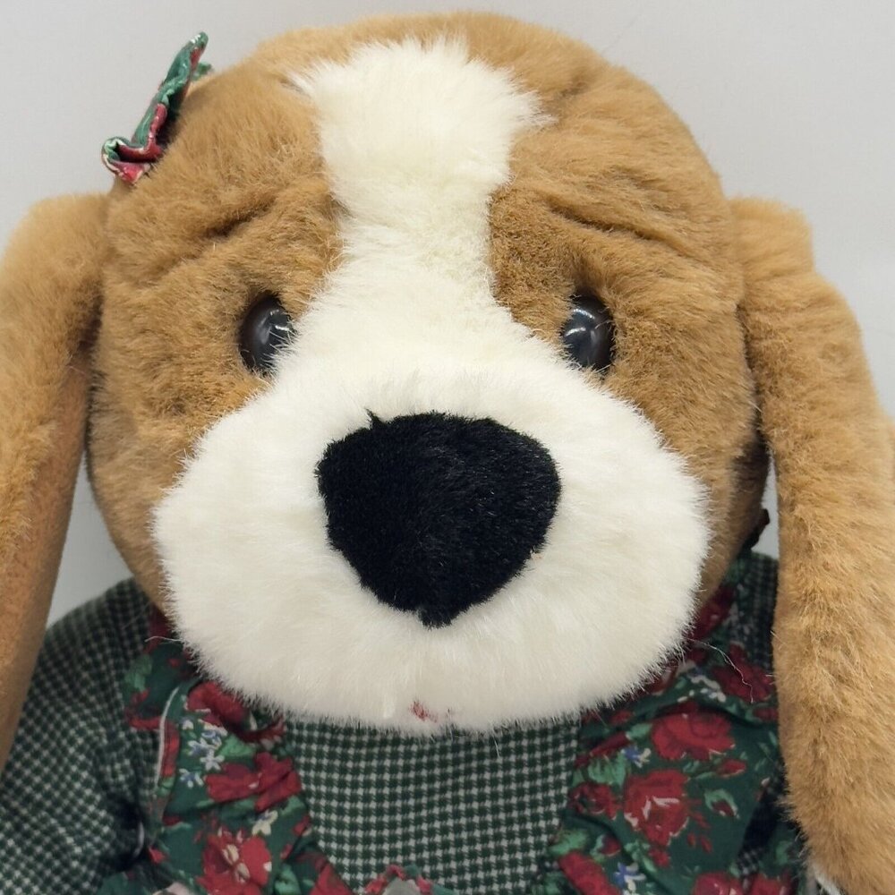 Vtg Commonwealth Brown Dog Plush Dress‎ Christmas Stuffed Animal Toy Floppy Ears